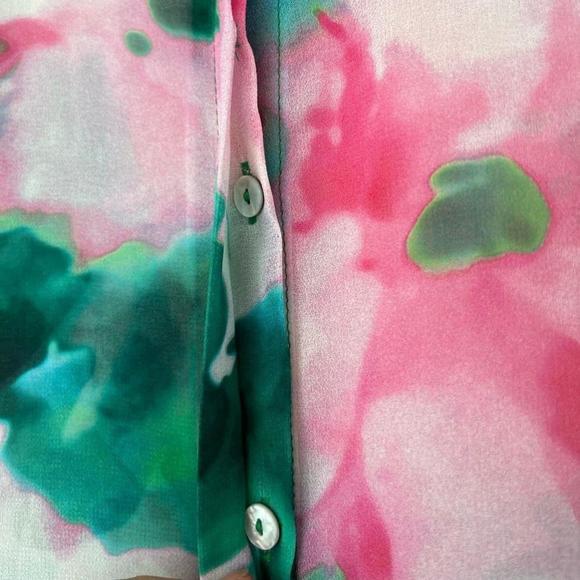 SOLD Zara Flowing Green Pink Floral Sheer Long Sleeve Blouse Small - Picture 8 of 16